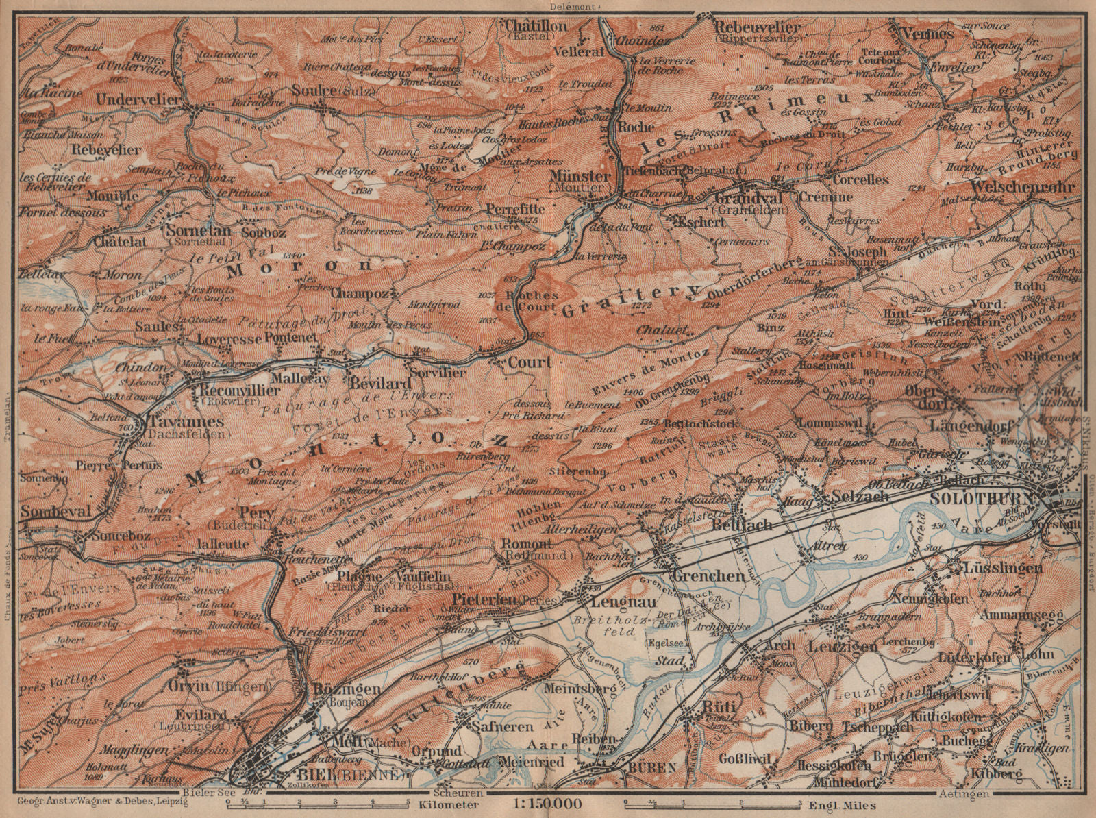 BERNESE JURA. Solothurn Biel/Bienne Rebeuvelier Tavannes. Topo-map 1907